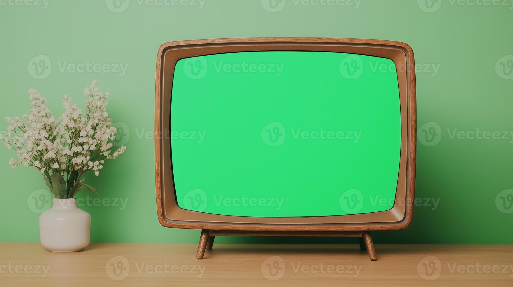 Vintage TV with Green Screen on Wooden Table Near White Flower Vase against Green Wall Background photo
