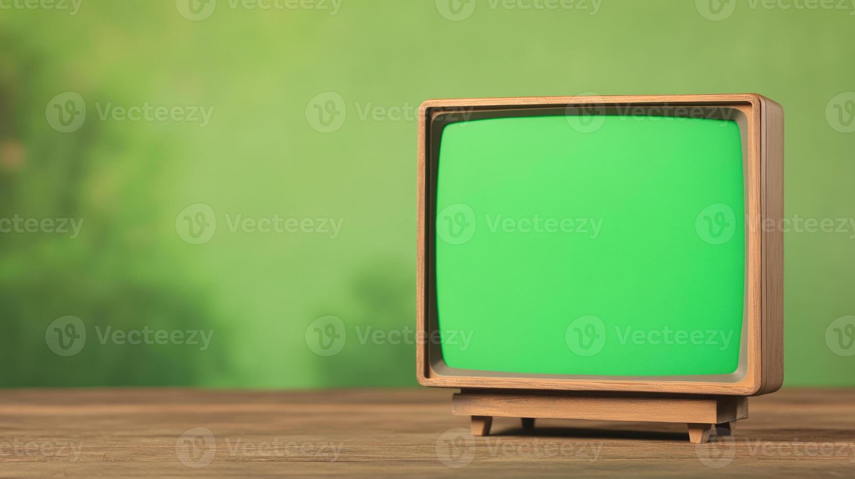 Retro TV Set With Green Screen on Wooden Table in Aspect Ratio Close Up for Vintage Media and Advertising Design photo