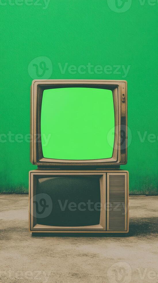 Vintage Televisions with Green Screen Display and Retro Vibe Creative Nostalgic Tech Design for Media Projects and Artistic Expressions in Vibrant Green Background with Copy Space photo