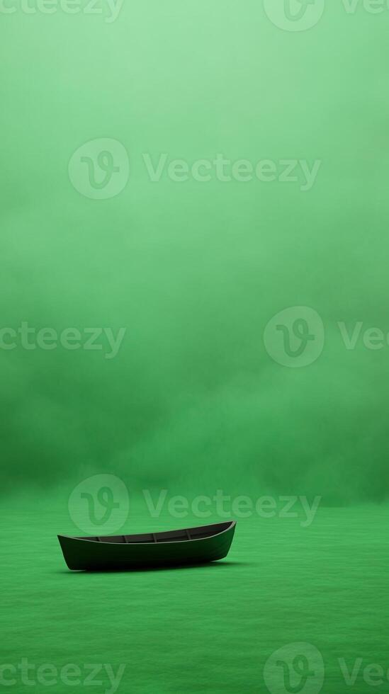 Solitary Fishing Boat on Vibrant Green Sea with Dramatic Atmospheric Mist Reflecting Tranquility and Isolation in Minimalist Design for Nature and Adventure Themes photo