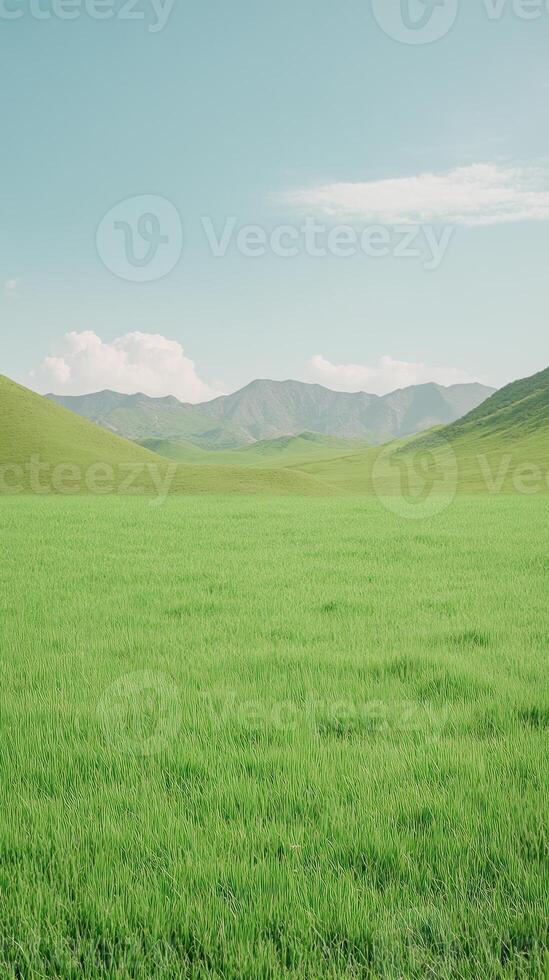 Lush Green Landscape with Rolling Hills and Mountains Under Clear Blue Sky in Natural Environment photo