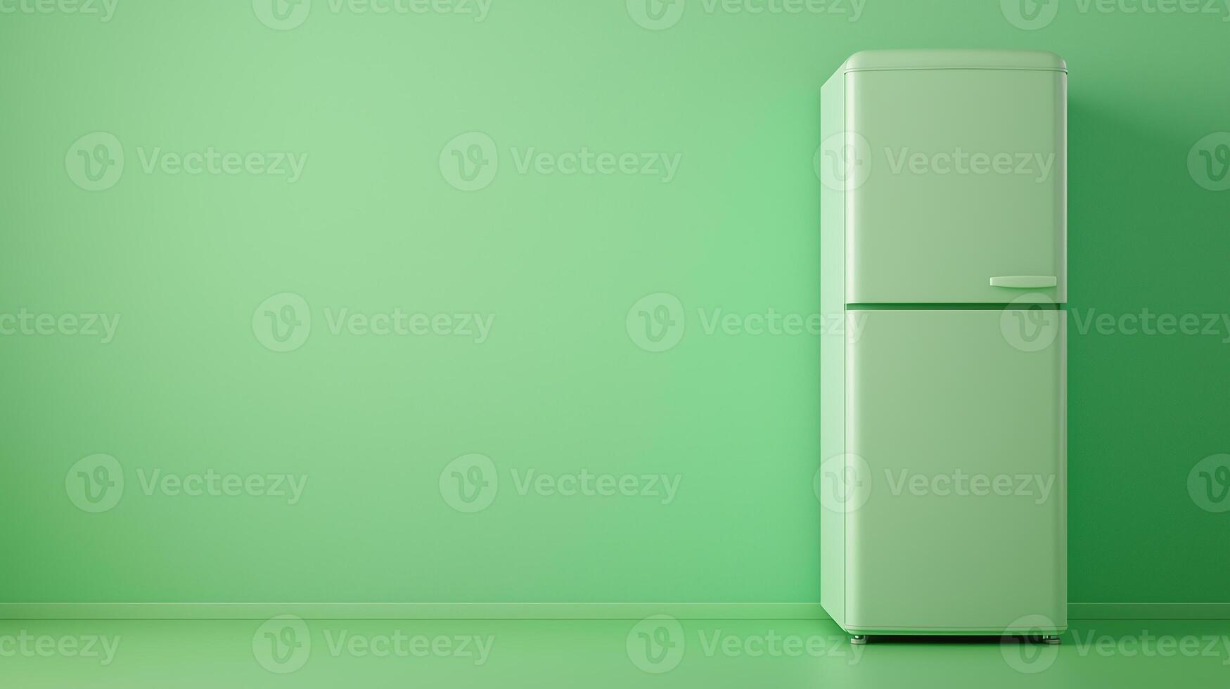 Green Refrigerator With Open Door Featuring Green Screen Inside for Unique Display Concept in Modern Home Kitchen Design photo