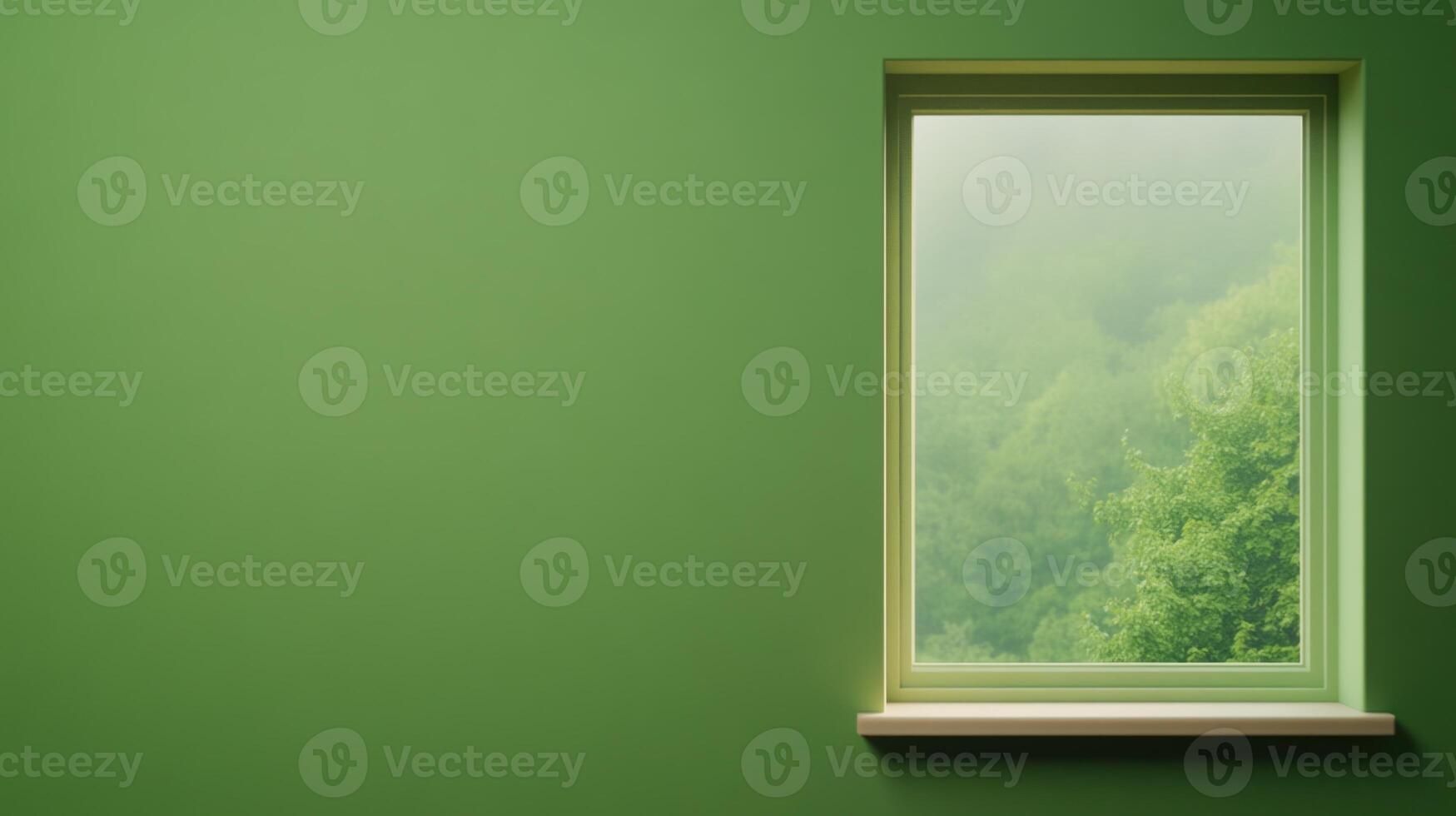 Green Screen on Attic Window Overlooking Lush Forest with Misty Fog Creating a Tranquil Atmosphere in Poet's Sanctuary for Relaxation photo