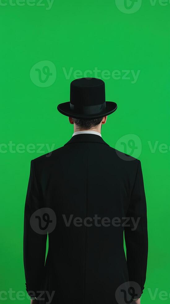 Magician Facing Green Screen Background in Black Suit and Hat for Illusion Concepts in Modern Photography and Digital Effects photo