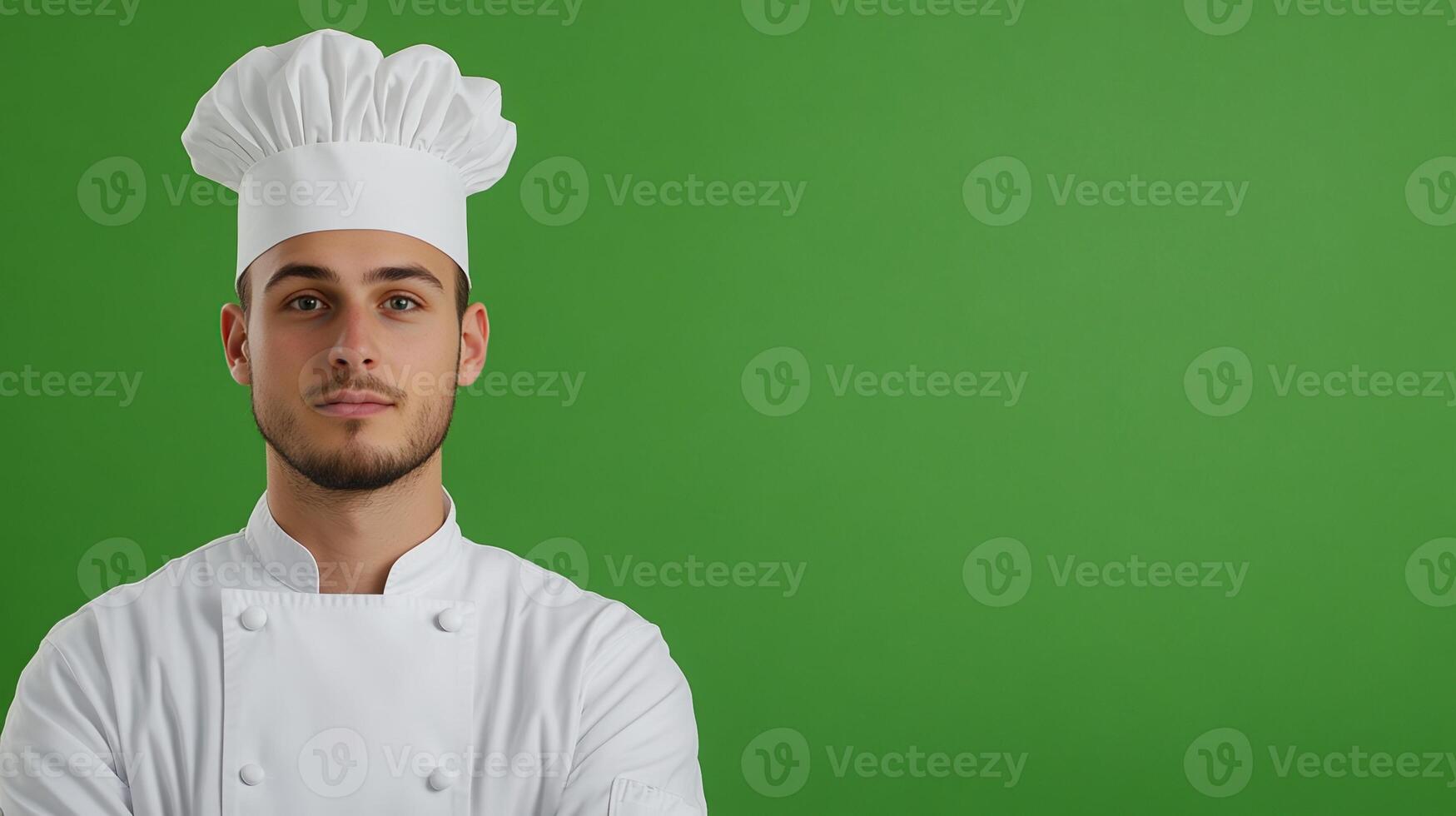 Chef in White Uniform with Green Screen Background Portrait, Professional Cook for Culinary Concepts, Bright and Modern Studio Photography, High Resolution Image for Versatile Uses photo