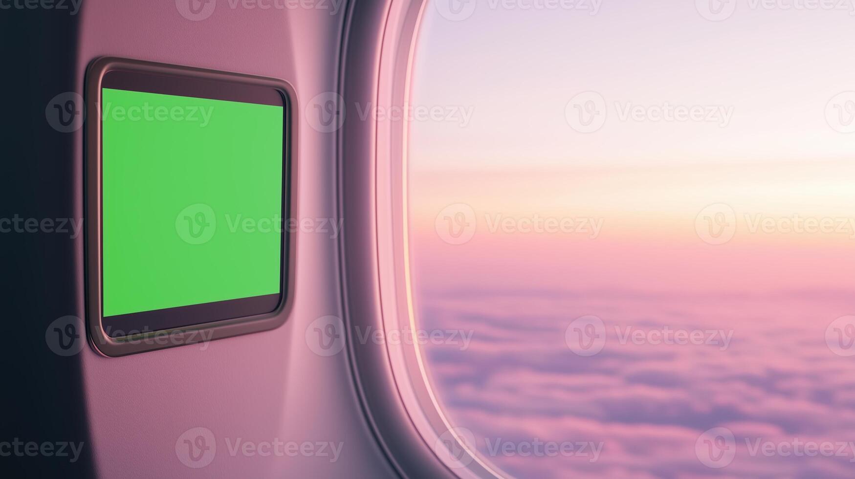 Airplane Window with Green Screen Insert for Customizable Sky View and Creative Travel Imagery, Conceptual Design for Advertising Technology and Social Media Content Creation photo