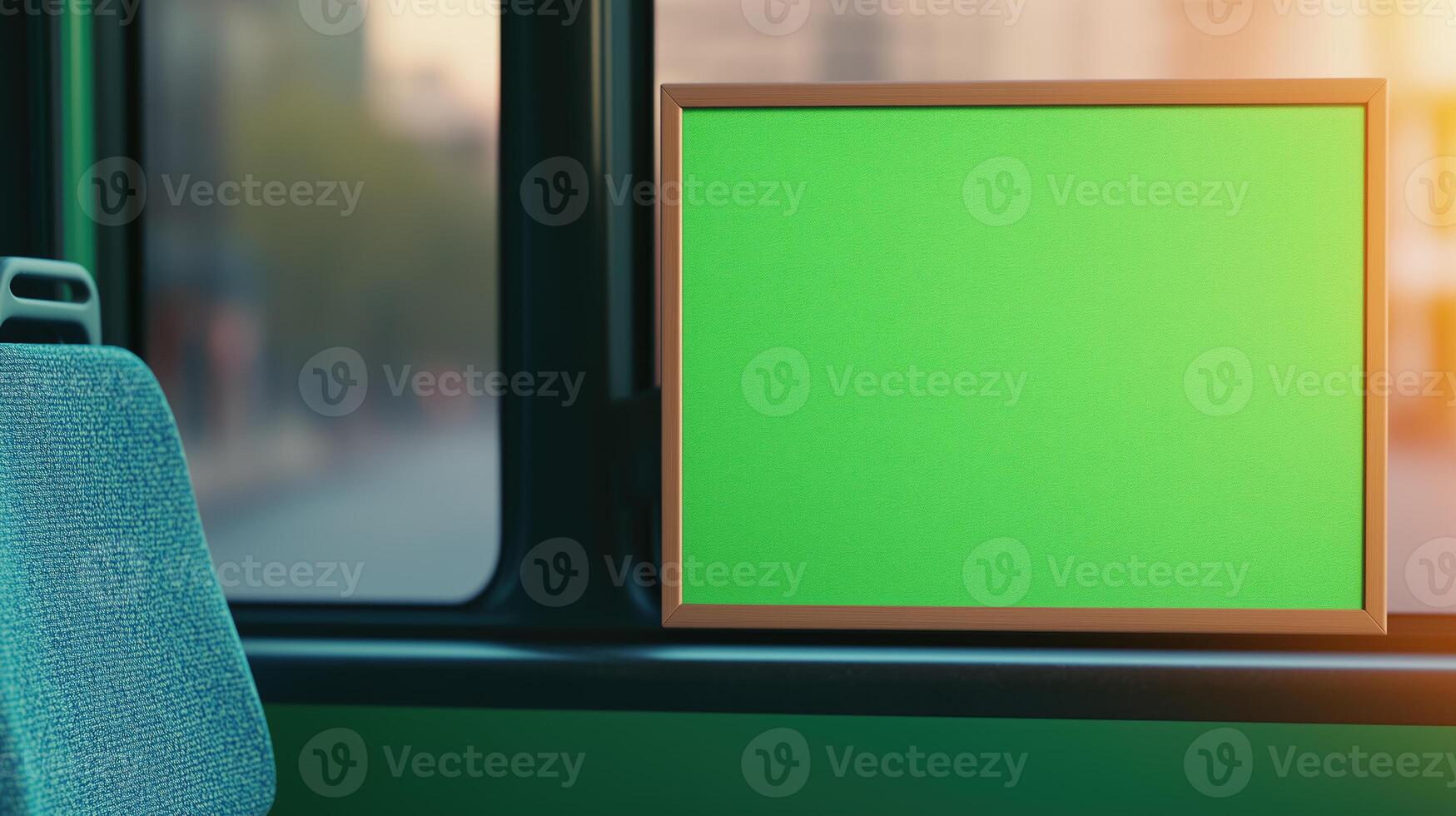 Green Screen City Bus Window Scene for Customizable Urban Background with Framed View Highlighting Public Transport Innovation in Modern Transport Design and Advertising Concepts photo