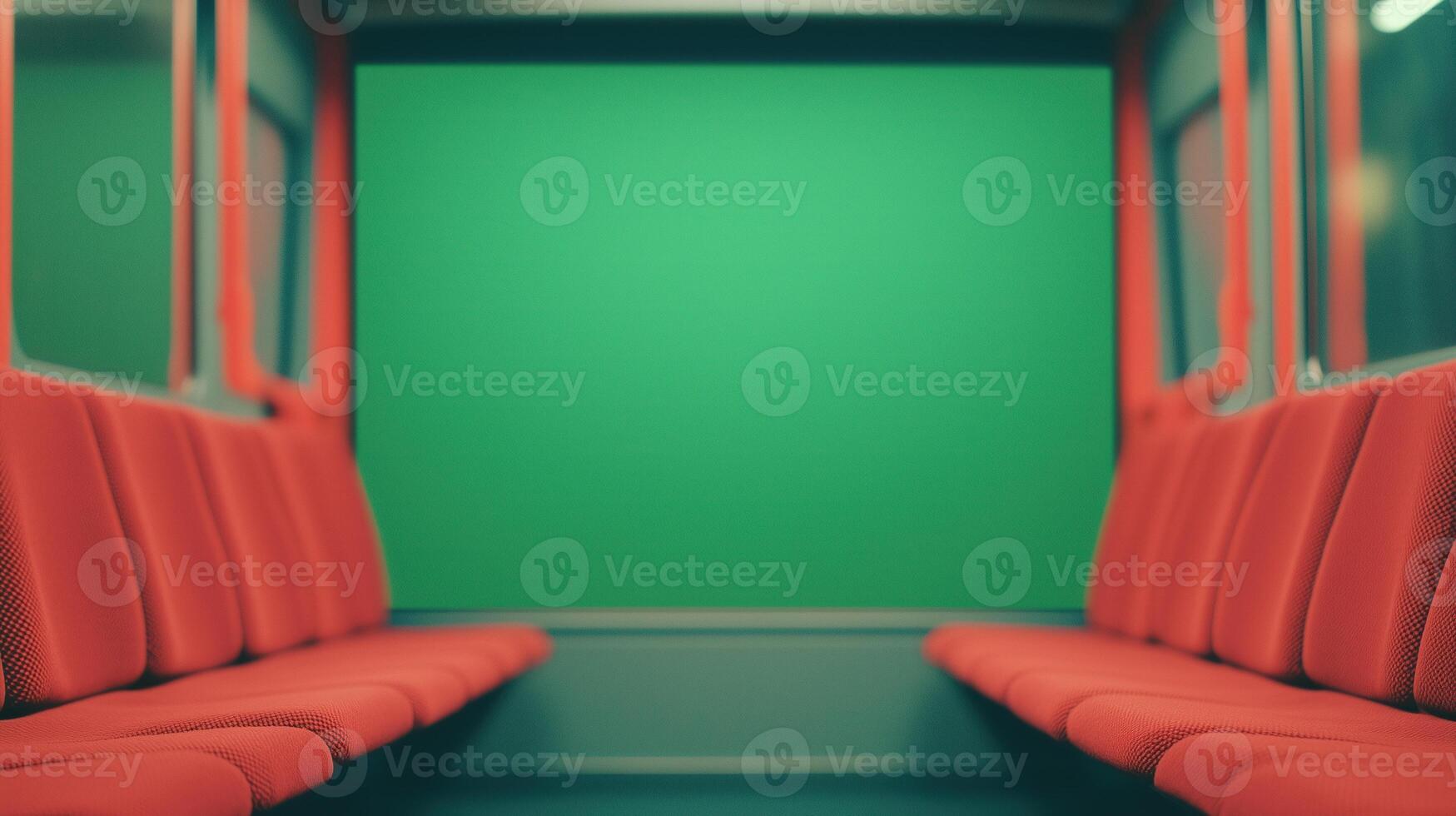 Green Screen Framed as City Bus Window with Red Seats, Ideal for Versatile Background Replacement in Photography and Production, Modern Public Transport Design Concept photo