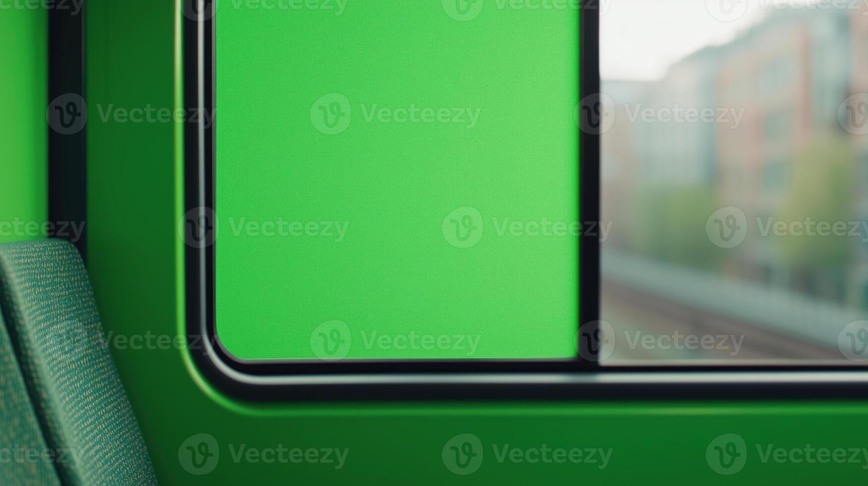 Bus Window View with Green Screen for Customizable City Scene Insert and Creative Photo Projects