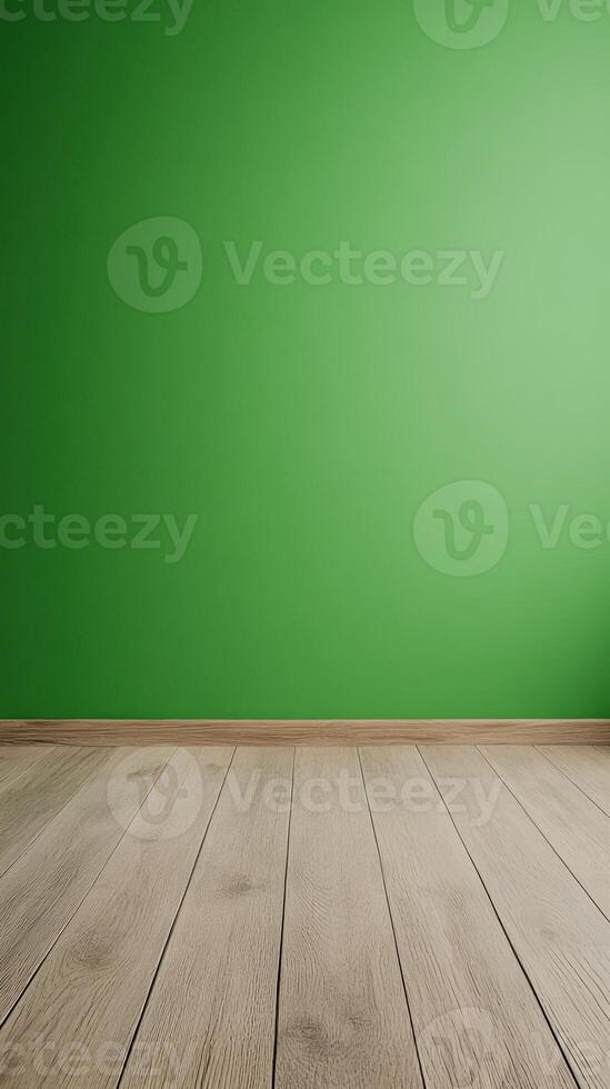 Green Screen With Wooden Floor in Minimalist Setting for Promotional Event Design and Dynamic Advertisement Displays photo