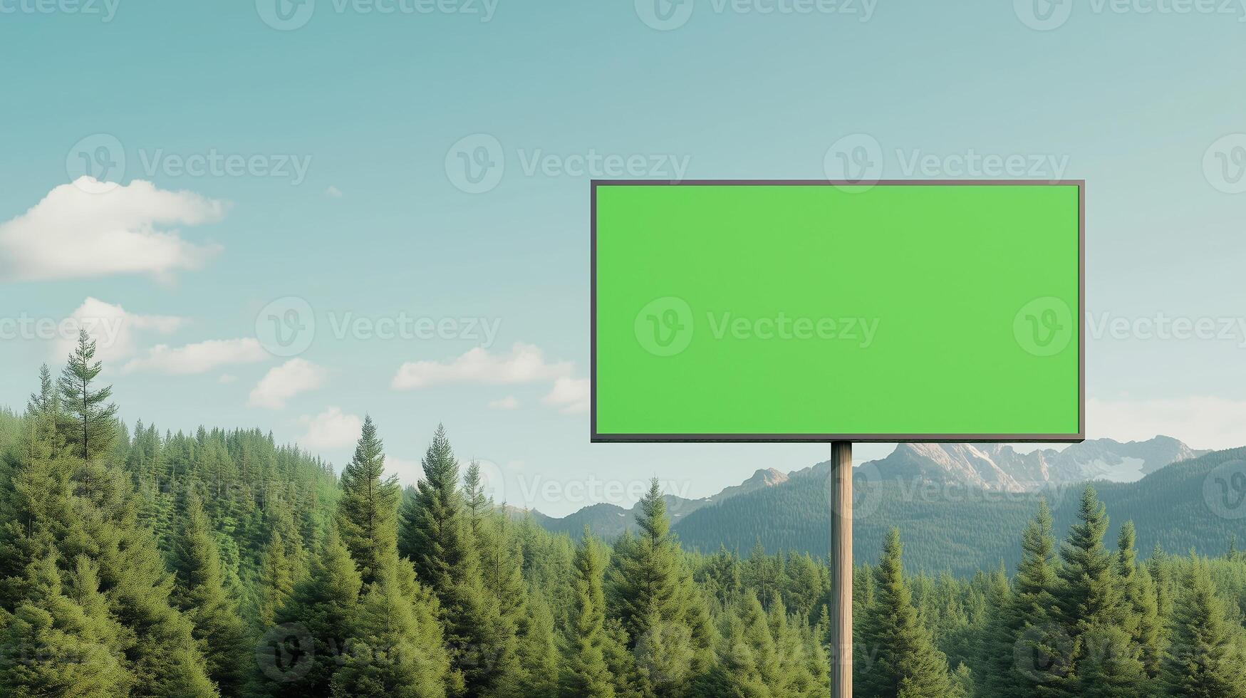 Green Screen Billboard in Rural Landscape with Pine Trees and Mountains Under a Clear Blue Sky for Advertising and Nature Conceptual Design photo