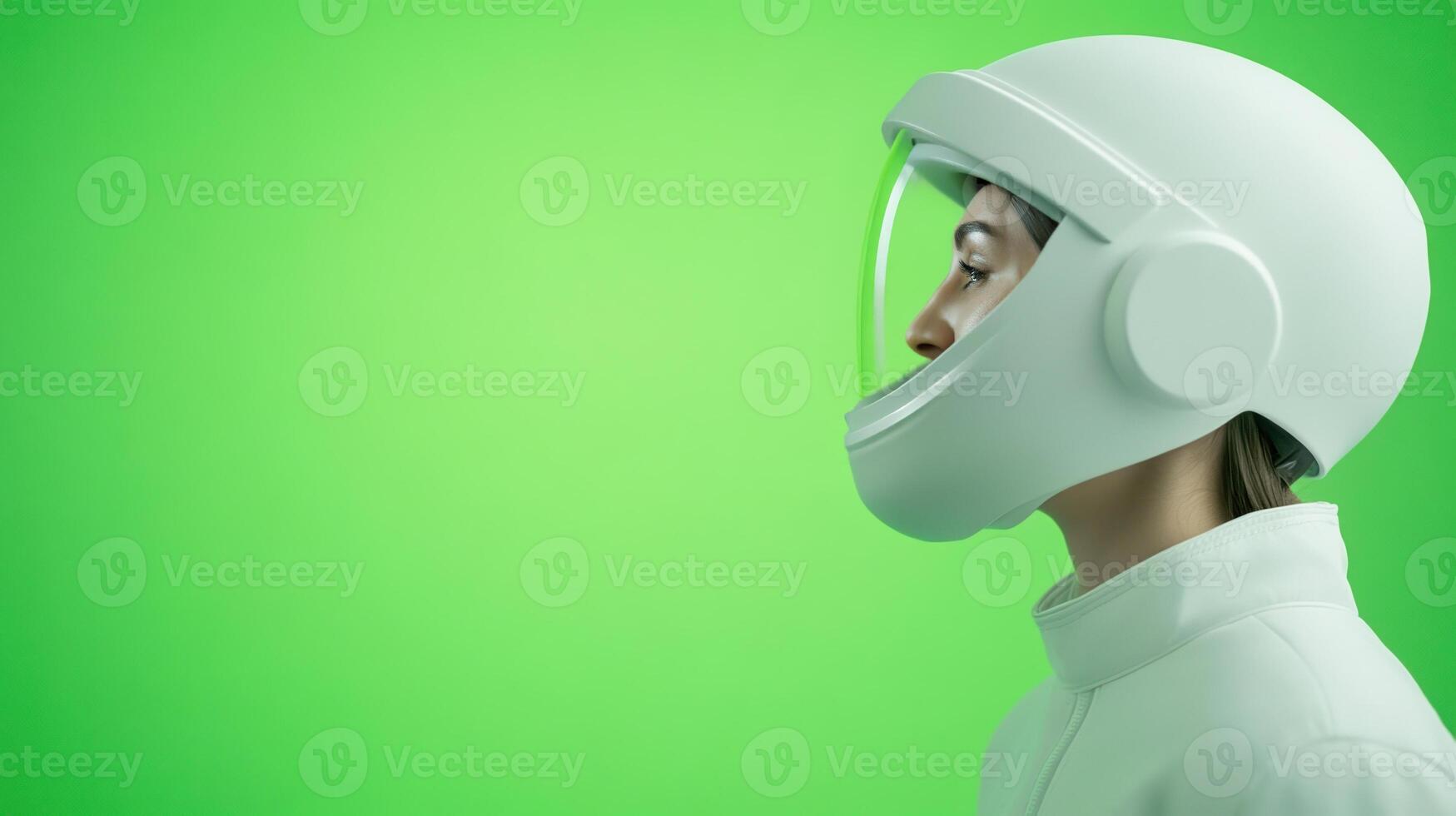 Astronaut in White Space Helmet Against Vibrant Green Background for Futuristic Zero Gravity Training Concept photo