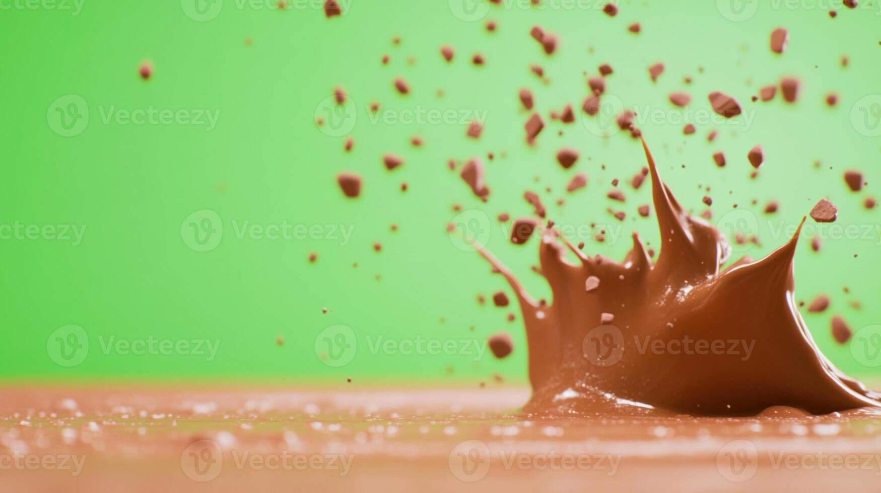 Chocolate Splash Against Green Screen Background with Flying Chocolate Pieces in Motion Capturing Vivid Contrast and Dynamic Movement for Creative Design Concepts and Eye Catching Visuals photo