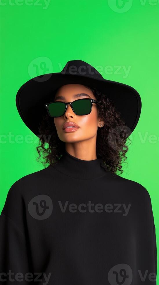 Fashion Influencer With Sunglasses And Hat Against Green Screen For Modern Livestream Content Production And Digital Media Branding In Studio Setting Emphasizing Style And Minimalist Chic photo
