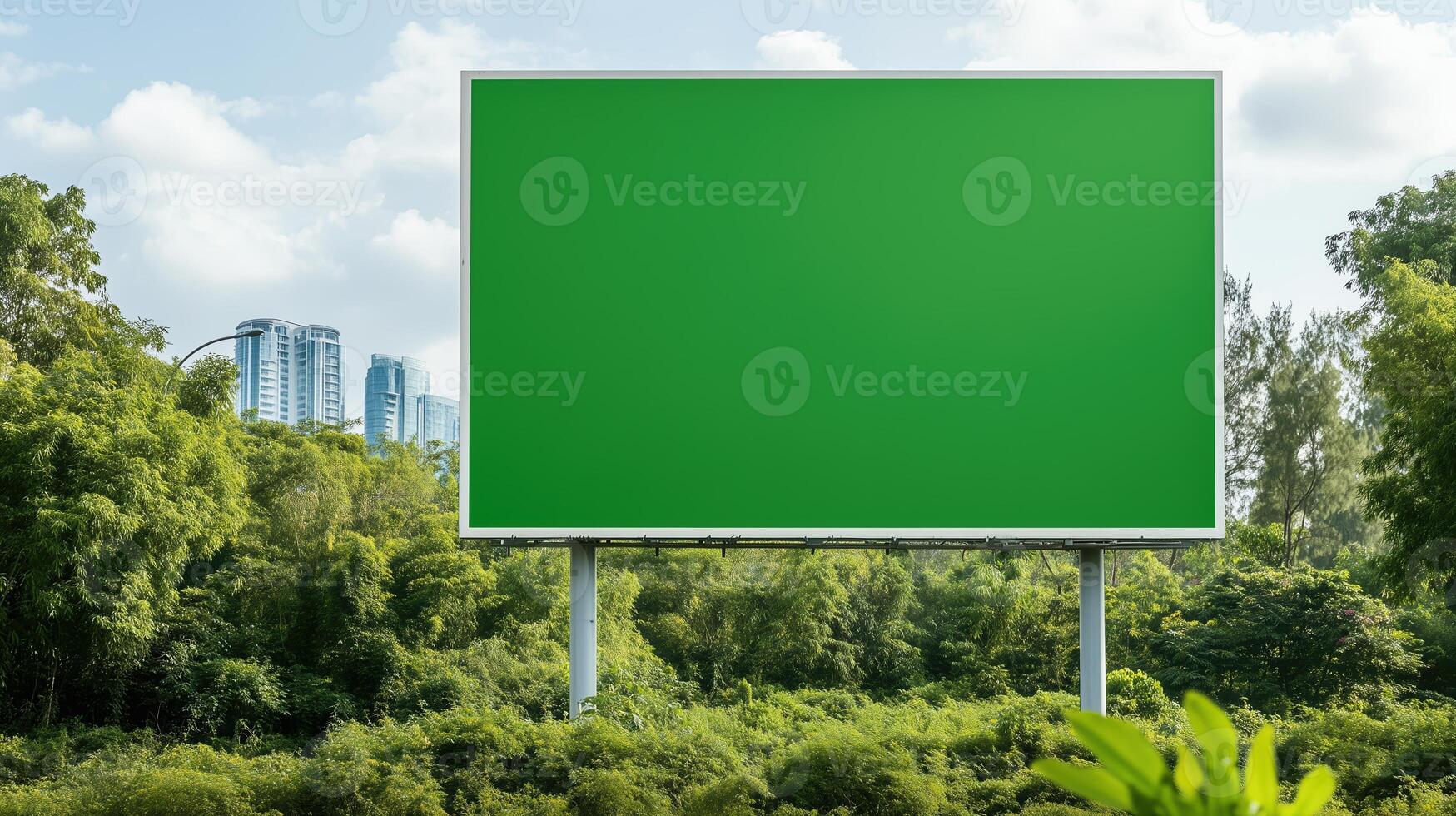 Large Green Screen Panel on Outdoor Billboard in Urban Park Setting with Skyscrapers in Background under Partly Cloudy Sky photo
