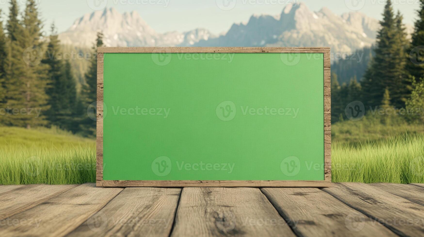 Green Screen Panel Embedded in a Rustic Cabin Wall with Mountain View in Nature Landscape photo