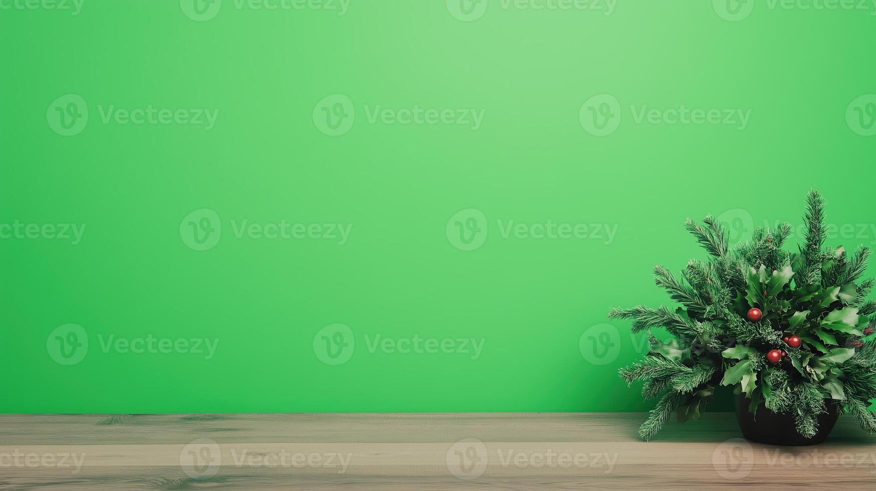 Cozy Fireplace Mantel with Green Screen for Creative Holiday Background with Festive Pine Arrangement for Seasonal Decor and Digital Scene Integration photo