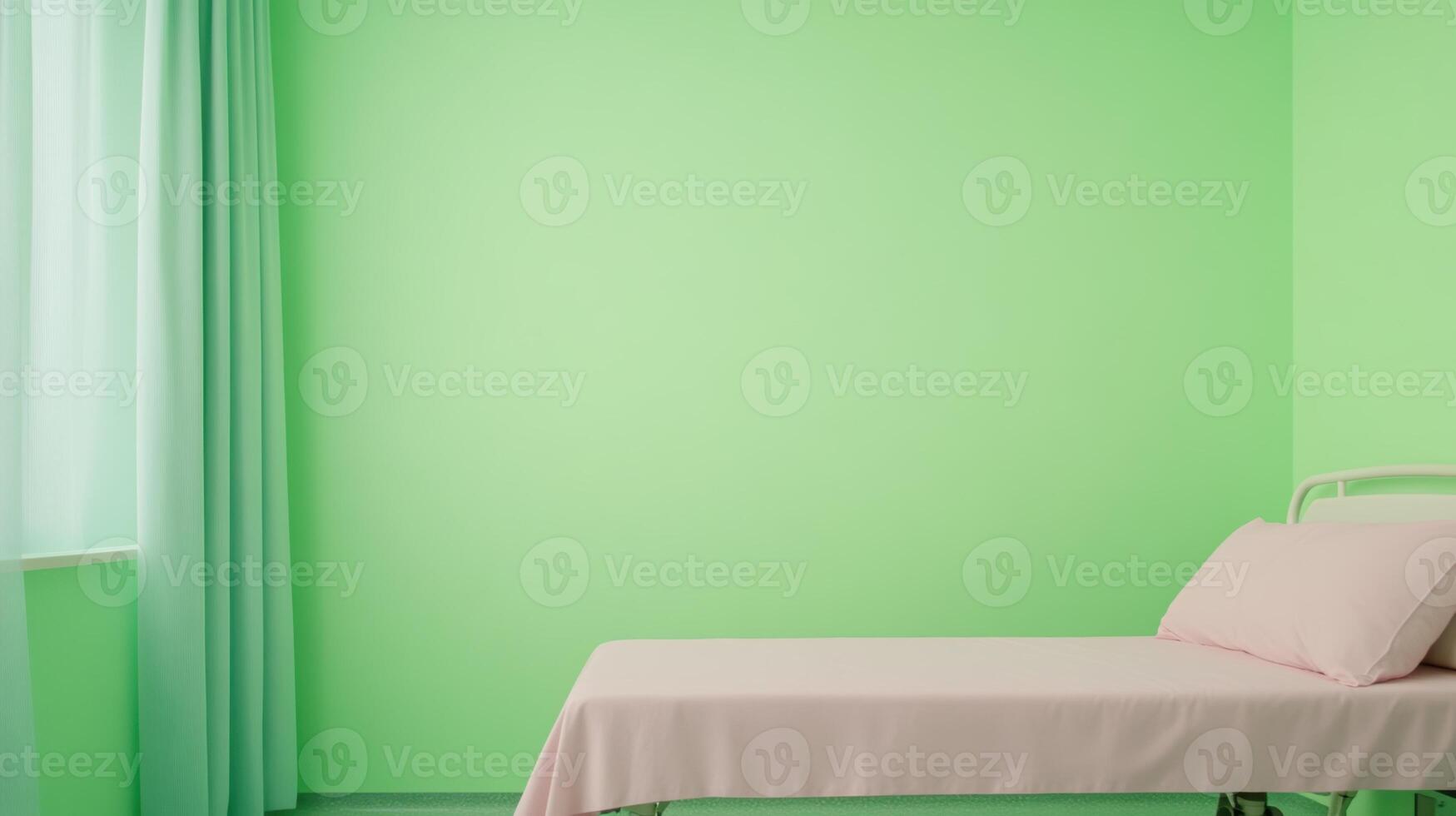 Green Screen in Hospital Patient Room Featuring Bed and Window with Curtains for Medical Simulation or Film Production photo