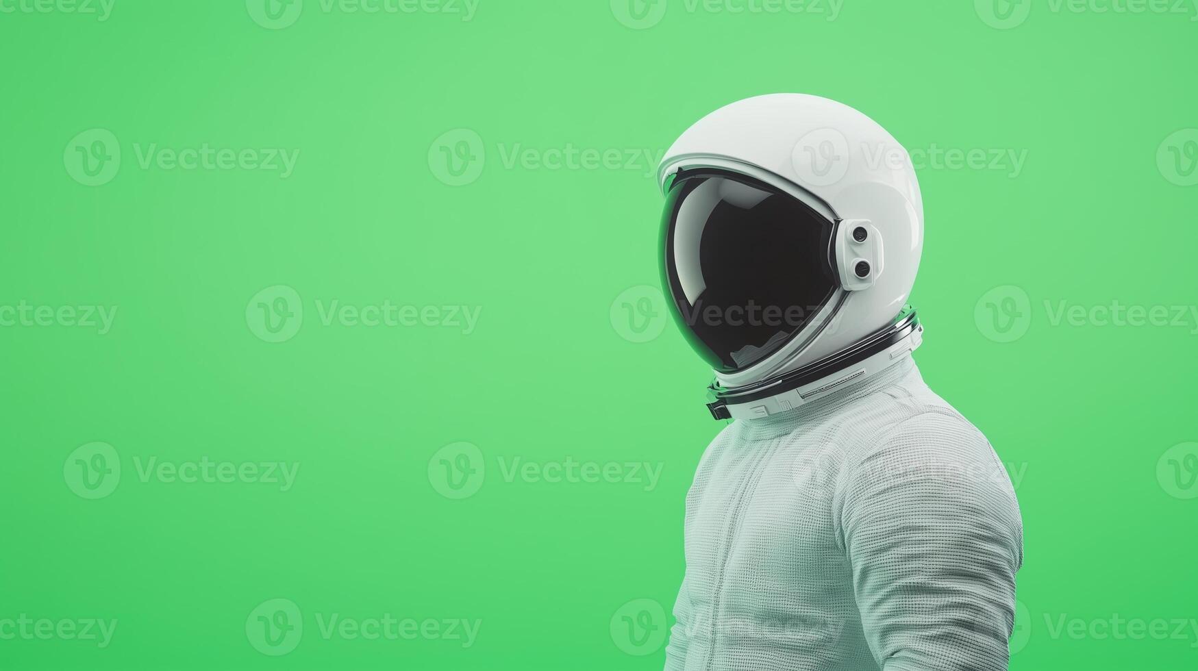 Futuristic Astronaut in White Suit with Green Screen Visor Against Vibrant Background for Space Exploration and Technology Concepts photo