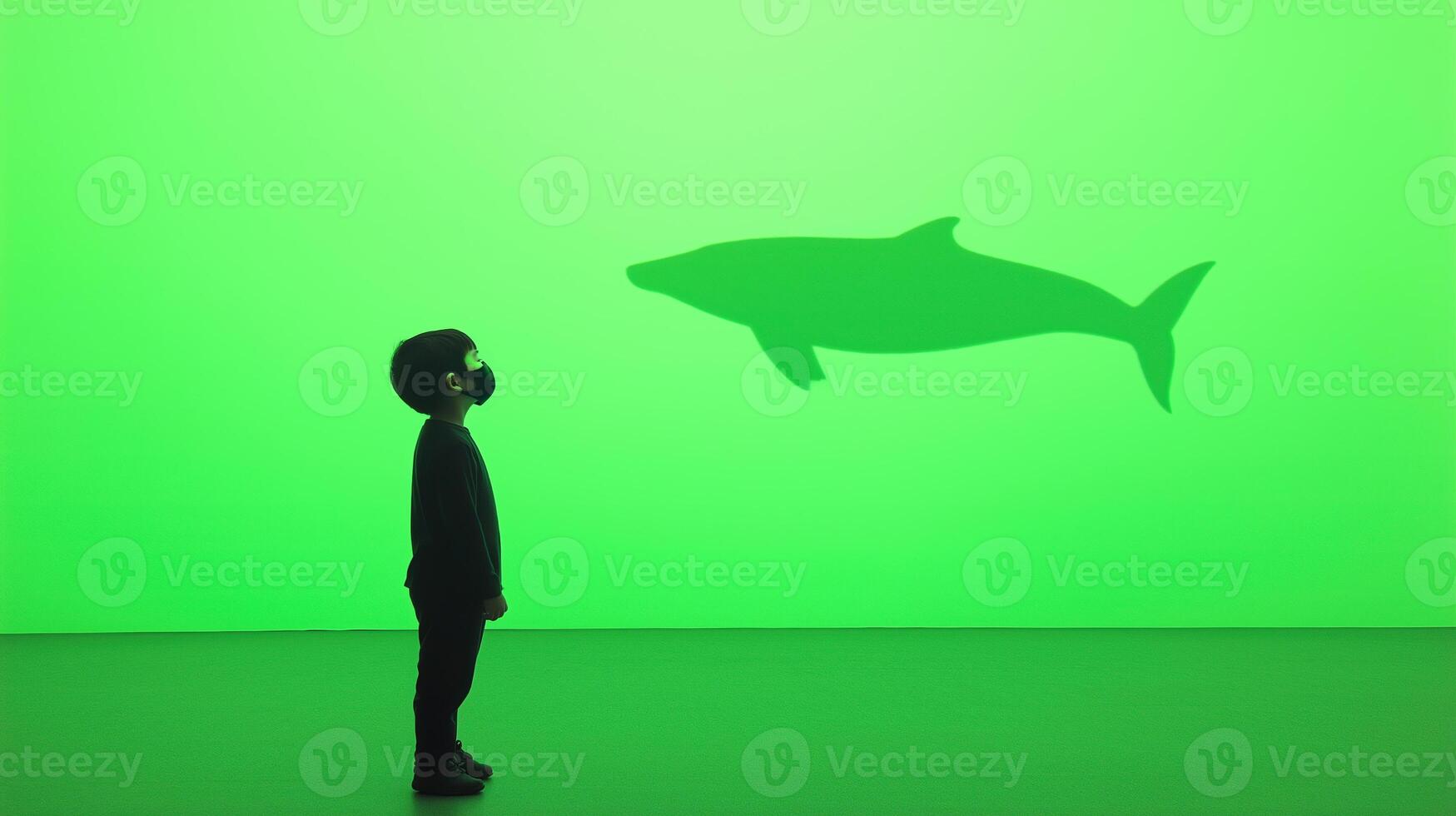 Whale Shadow on Green Background with Child in Side Profile Wearing Black and Masked for Whale Watching Experience and Environmental Awareness Conceptual Stock Photo for Marketing and Design