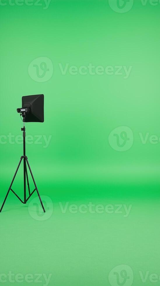 Green Screen Studio with Tripod and Teleprompter for Professional Production and News Broadcasting in Modern Media Environment and Creative Content Creation photo