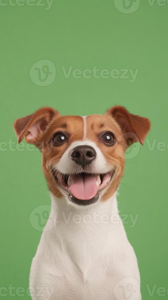Happy Jack Russell Terrier Dog Smiling Against Green Background for Joyful Pet Portrait Photography and Design photo