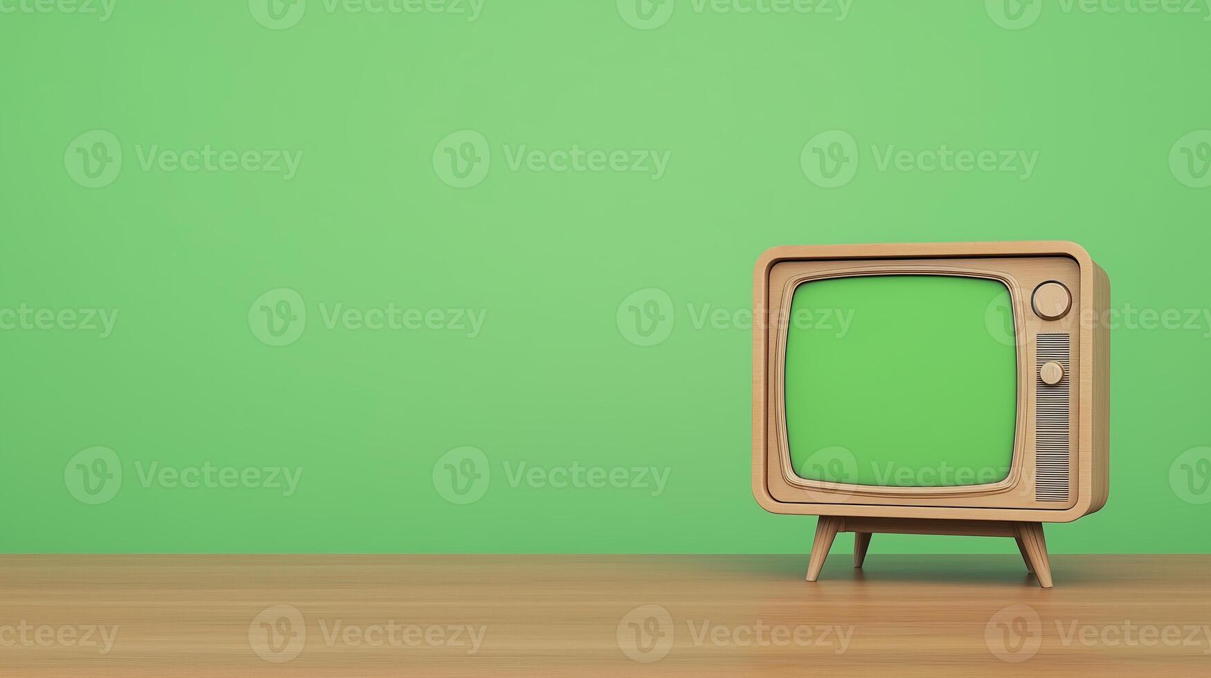 Vintage Box TV with Green Screen Mockup on Wooden Table for Retro Design and Advertising Concepts photo