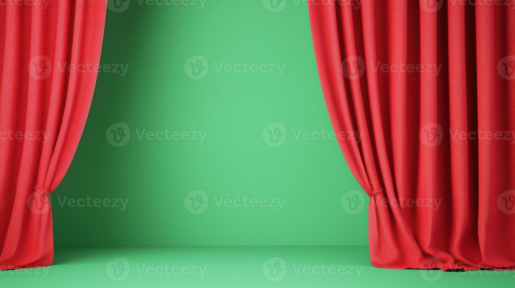 Red Stage Curtains Parting to Reveal Green Screen Background for Studio Production and Design Concepts in Entertainment and Media, Offering Creative Visuals for Film, TV, and Theater Use photo