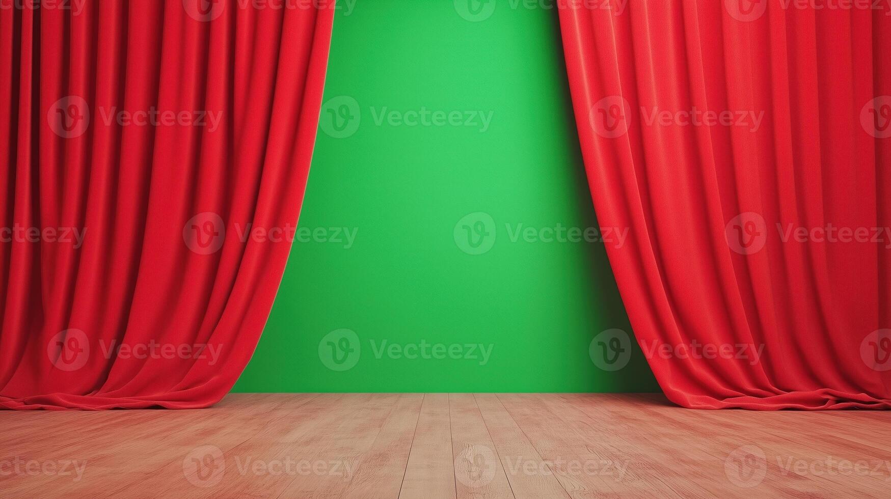 Red Curtains Opening to Reveal Green Screen for Theatrical Scene Background with Wood Floor Design photo