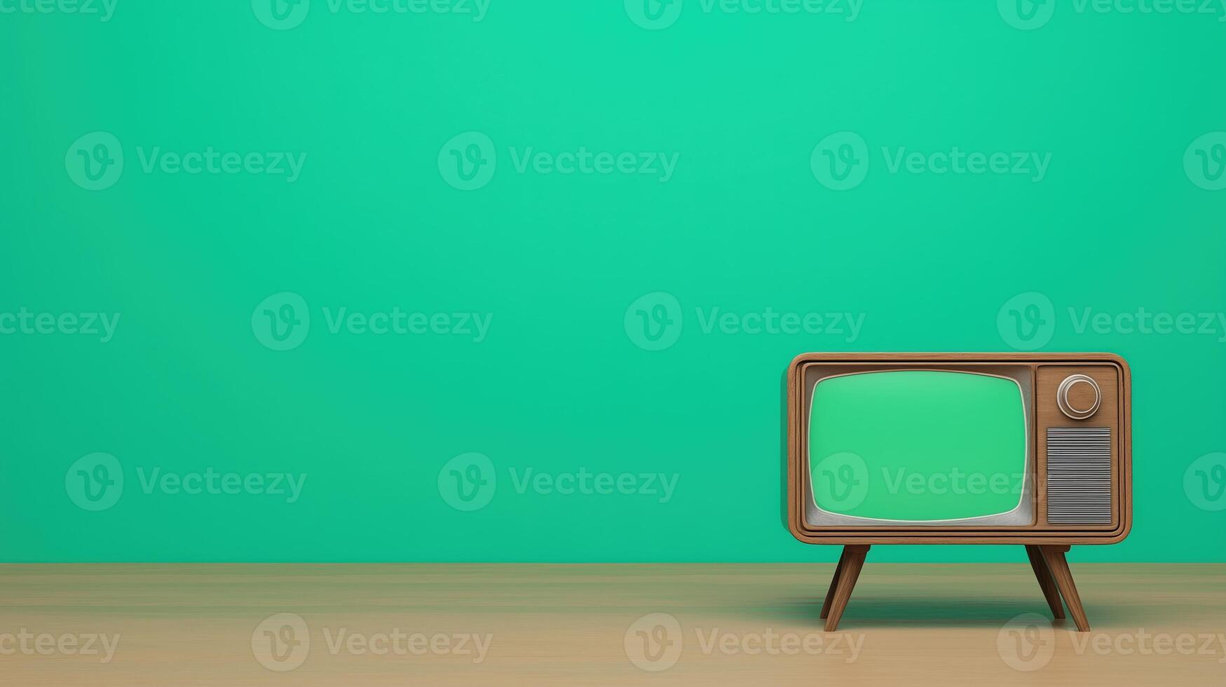 Retro TV Set with Green Screen and Static Effect Against Vibrant Green Background for Vintage-Themed Content Creation and Nostalgic Media Design in Stock Photography and Production photo