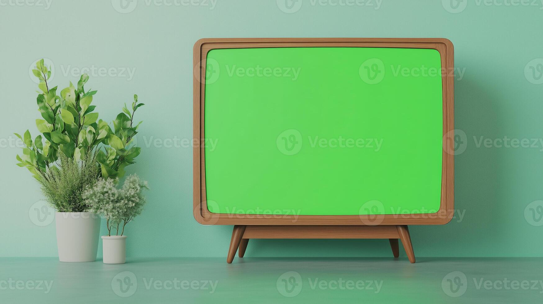 Retro TV with Green Screen in Vintage Living Room Setting, Featuring Mid-Century Design Elements and Indoor Plants, Perfect for Mockups and Retro-themed Projects in a Stylized Environment photo