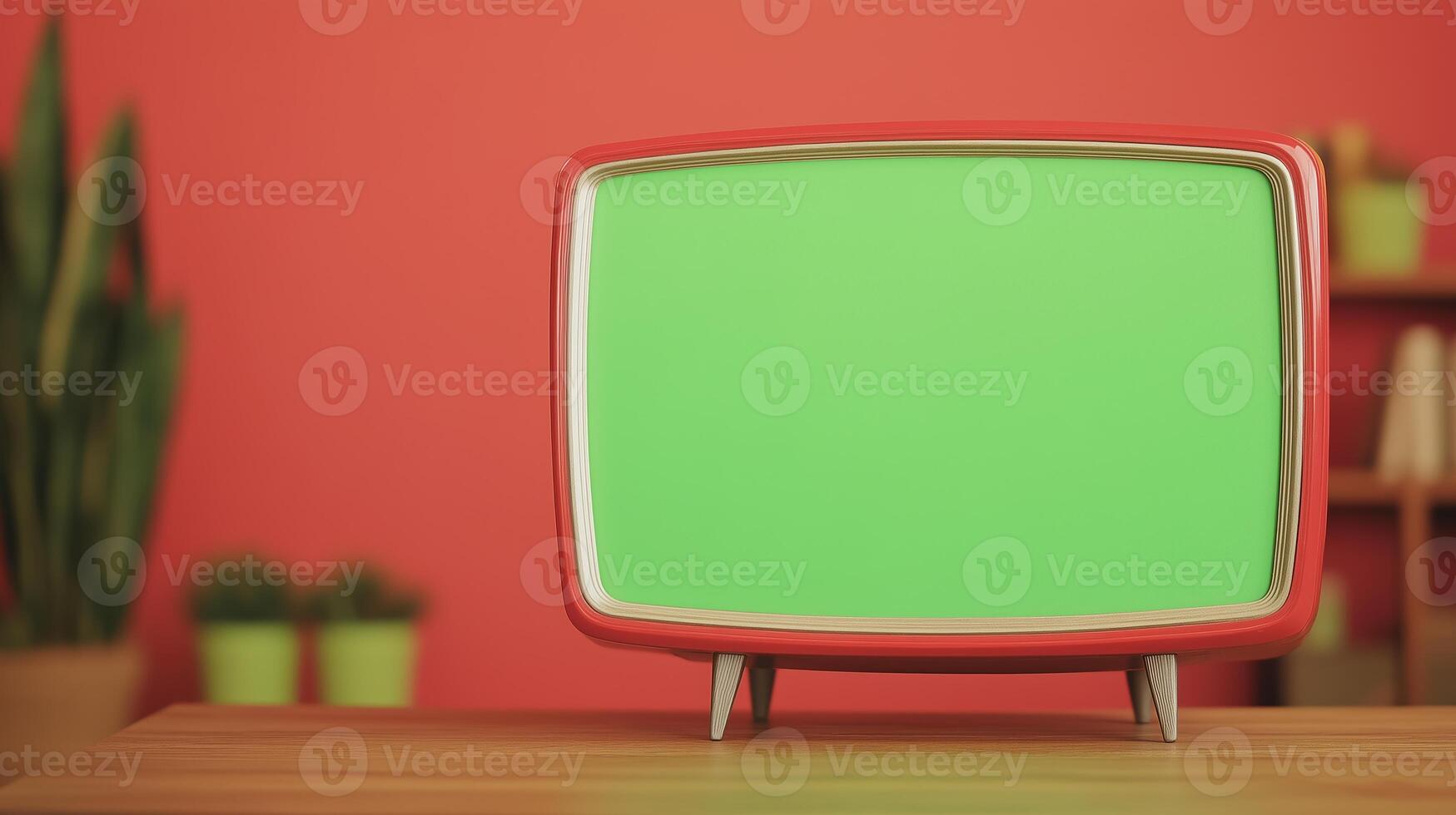 Retro TV Set with Green Screen in Vintage Living Room with Bold Red Walls and Wooden Furniture Elements for 1970s Nostalgia Vibe in Interior Design and Broadcasting Concept photo