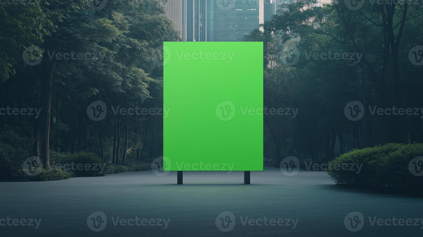 Illuminated Advertising Billboard in Urban Cityscape with Modern Architecture at Night in Busy City Center with Green Background photo