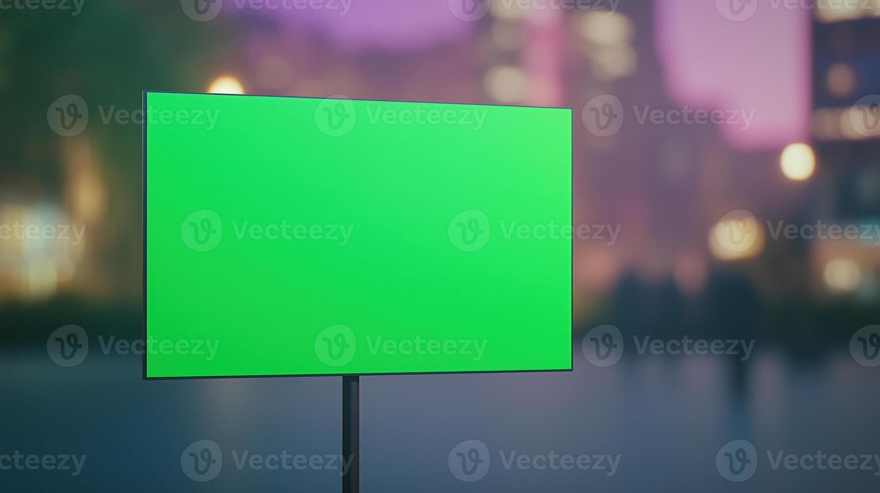 Green Blank Advertising Billboard in Vibrant City Center at Night with Blurred Lights and Urban Skyline photo