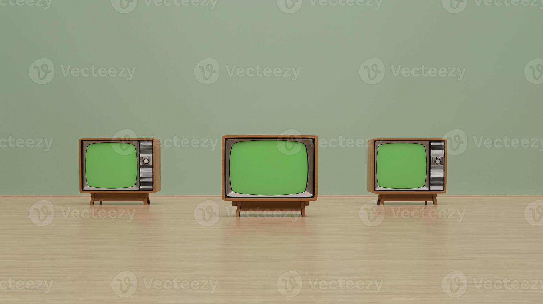 Vintage TVs with Green Screens in Minimalist Room Featuring Three Retro Televisions on Wooden Floor Background photo