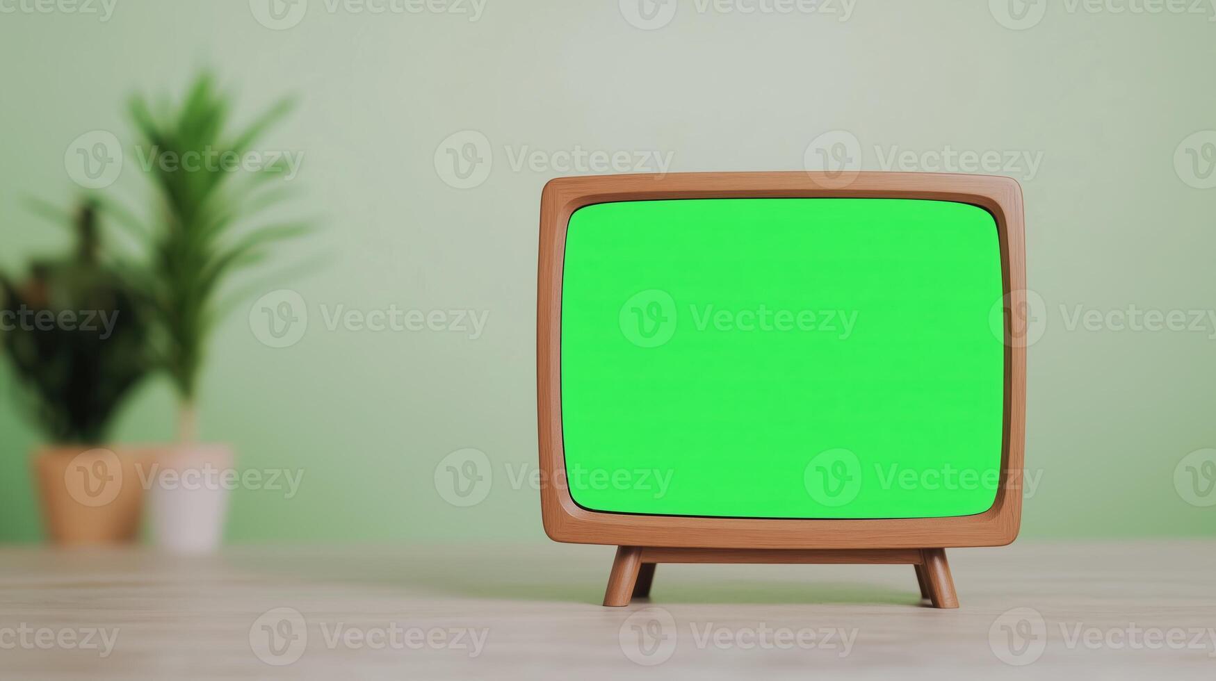 Retro TV With Green Screen and Plant in Minimalist Room, Perfect for Mockups and Design Presentations in a Modern Interior Setting photo