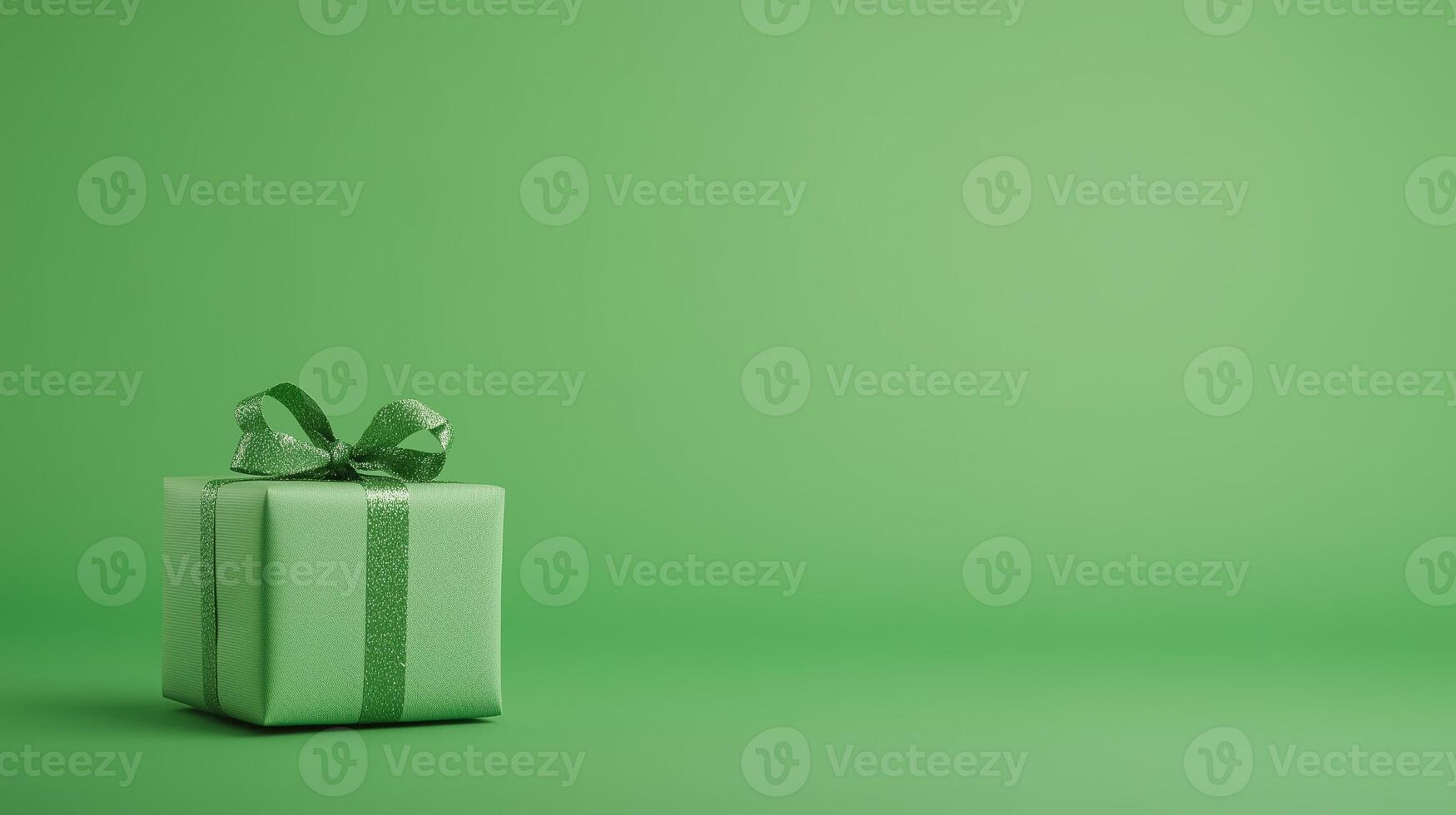 Green Gift Box on Green Background with Glitter Ribbon Symbolizing Holiday Celebration and Festivity for Christmas or Special Occasion with Copy Space for Design and Marketing Concepts photo