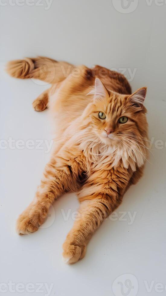 Orange cat with green eyes on white surface, minimal setting highlights vibrant fur Vertical Mobile Wallpaper photo