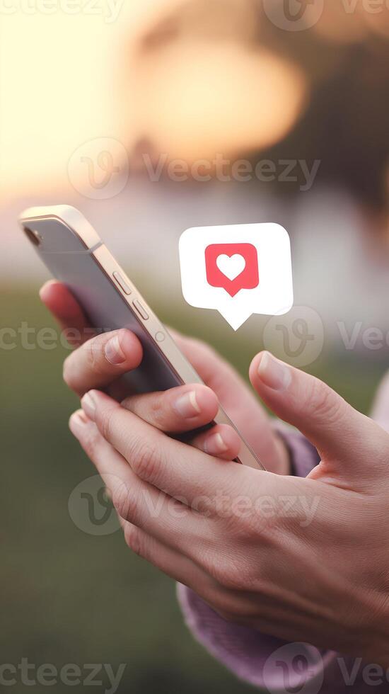 Hands holding phone with heart icon, warm background suggesting social connection Vertical Mobile Wallpaper photo