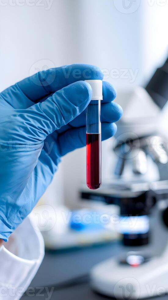Blue gloved hand holds red labeled test tube, lab background with microscope Vertical Mobile Wallpaper photo