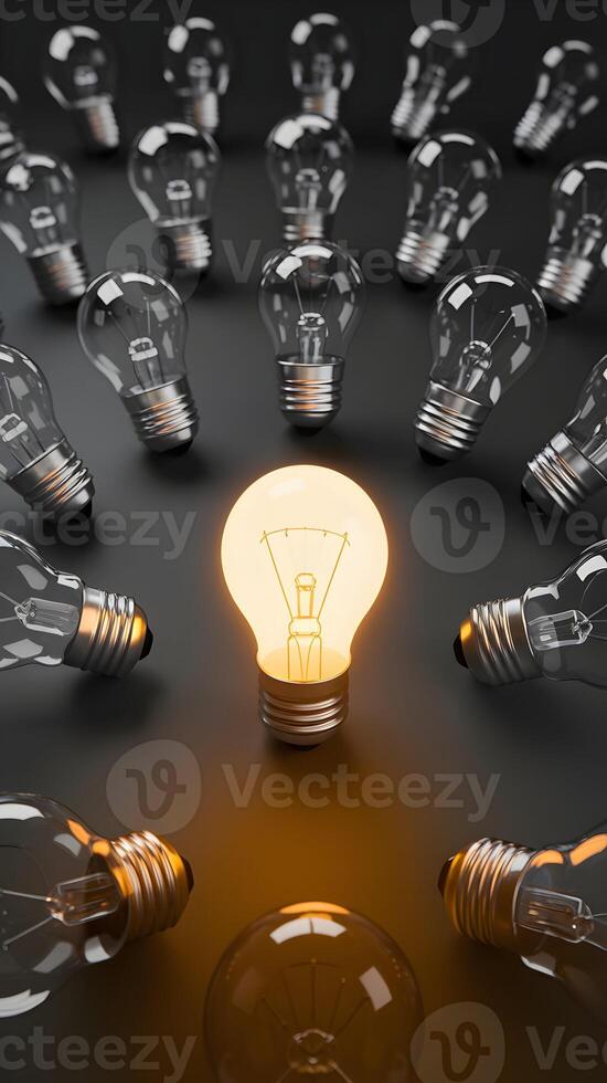 Illuminated bulb among dim ones on dark background, symbolizing innovation Vertical Mobile Wallpaper photo