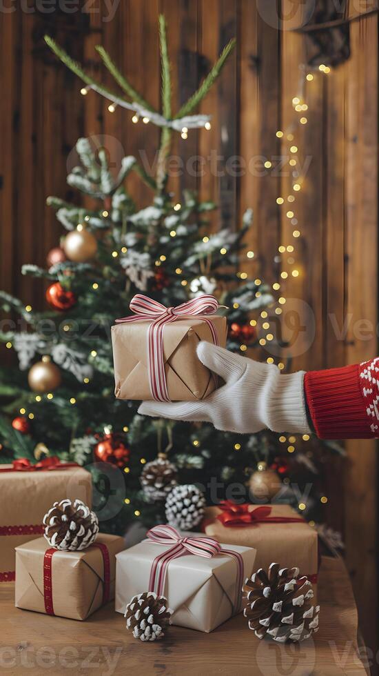 Gloved hand with brown gift, red ribbon, warm holiday spirit on wood Vertical Mobile Wallpaper photo