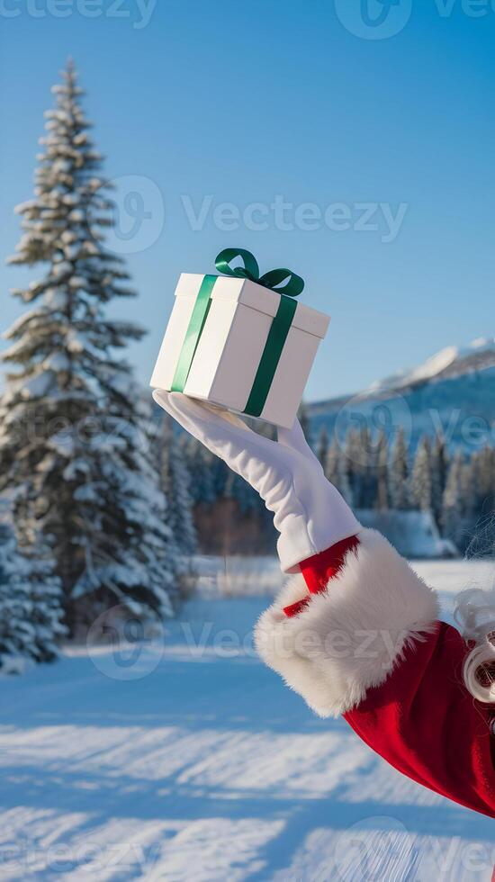 Papa Noel mano participación regalo caja en contra azul cielo, sereno invierno ajuste vertical móvil fondo de pantalla foto