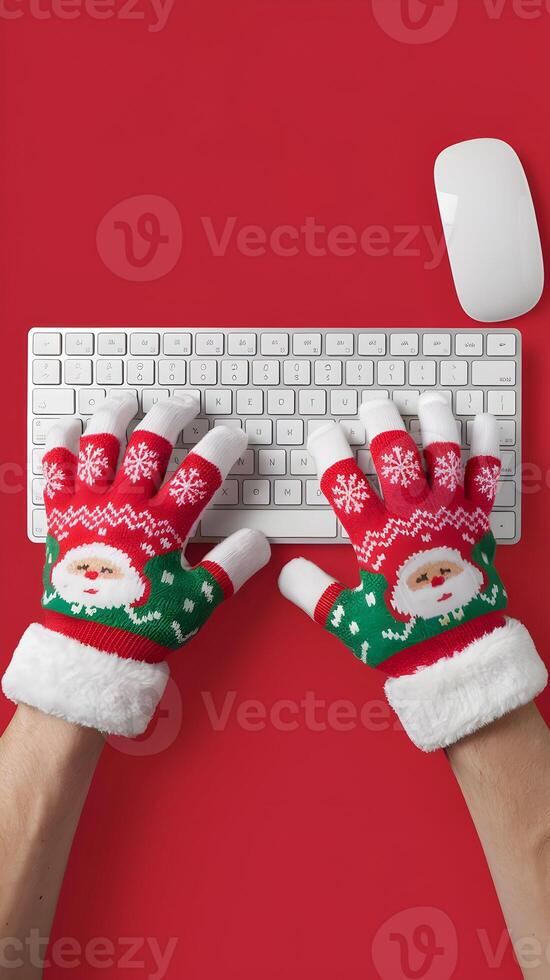 Papa Noel guantes terminado teclado, fiesta animar en digital espacio de trabajo vertical móvil fondo de pantalla foto