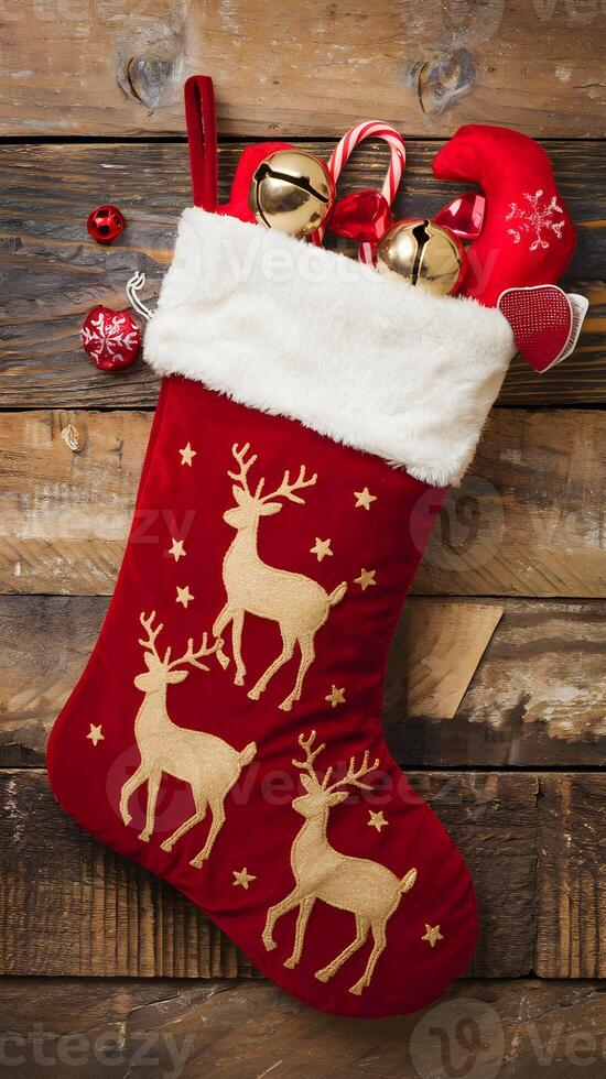 Red Christmas stocking with festive items on rustic wood, enhancing holiday charm Vertical Mobile Wallpaper photo