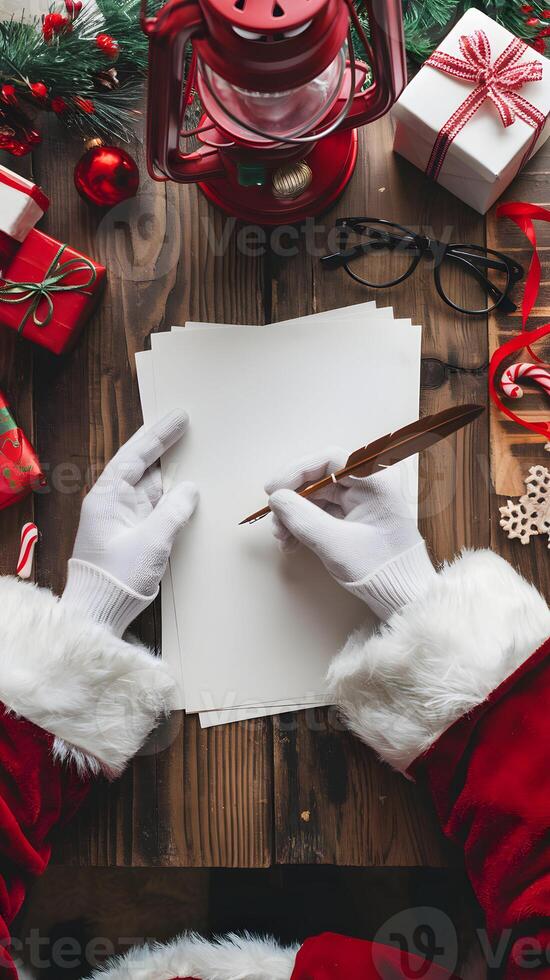 Santas hands hold quill over blank paper with holiday decorations around Vertical Mobile Wallpaper photo
