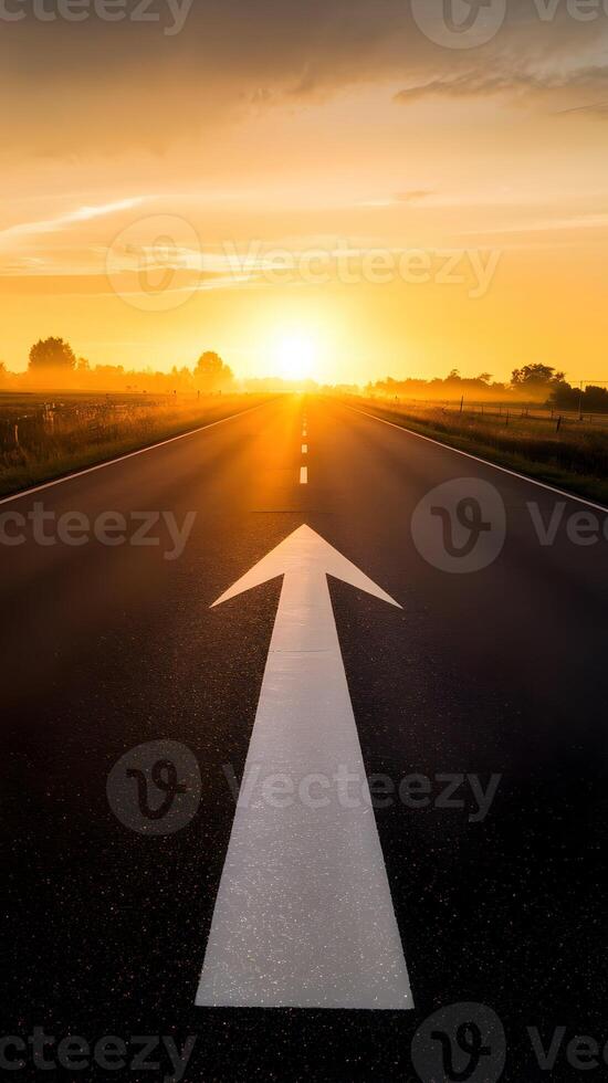 Asphalt road with white arrow pointing toward glowing sunset horizon Vertical Mobile Wallpaper photo