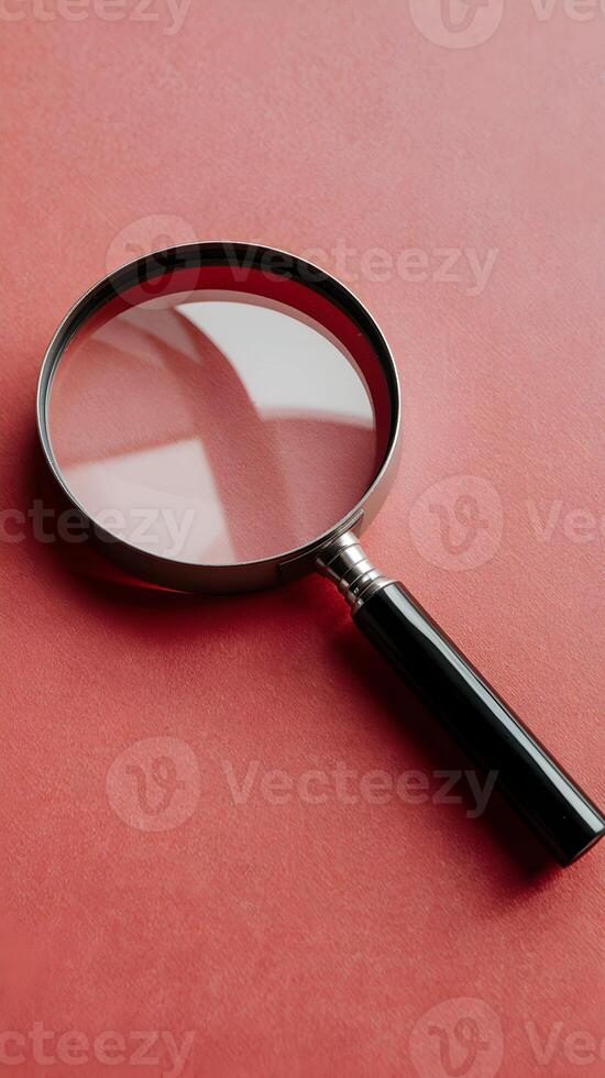 Metallic magnifying glass on vibrant red background, highlighting elegance and functionality Vertical Mobile Wallpaper photo