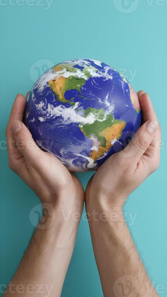 Hands cradling Earth globe, turquoise background, symbolizing global unity and care. Vertical Mobile Wallpaper photo