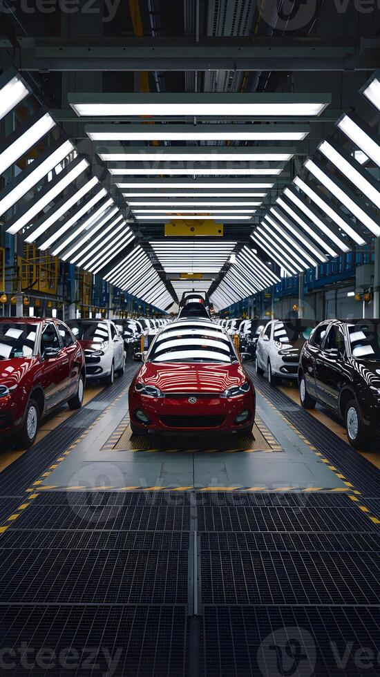 Red car at forefront on assembly line, highlighting efficient automotive production process. Vertical Mobile Wallpaper photo
